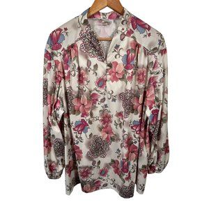 Vintage Joro 1X Womens MuuMuu Blouse Top Peasant Boho Long Sleeve Floral‎ Beige